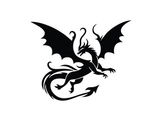 Roaring dragon with wings. Fantasy creature vector. Fierce flying dragon roaring in black vector silhouette. Great for posters, fantasy series branding, and digital stickers.