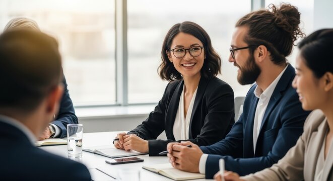 Diverse Business Team Collaborating Effectively in Modern Office Environment - Powered by Adobe