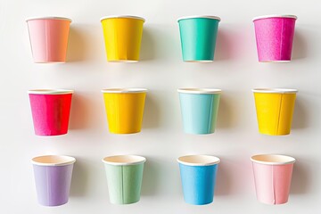 Vibrant Color Image of Colorful Collection of Paper Cups Isolated on White Background