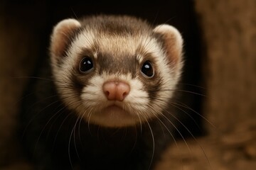 A close up of a ferret looking at the camera