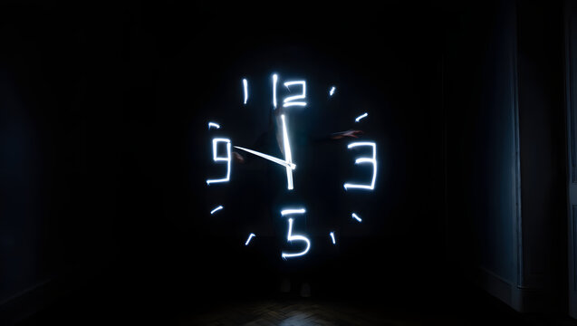 A light painting depicts a clock face with glowing numerals in the dark
