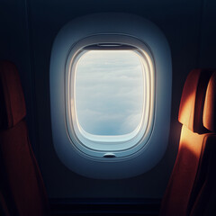 Aircraft window, looking out at dramatic cloudy sky, overcast sky with dark grey clouds, thick layers of white clouds