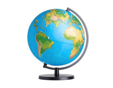 A globe with continents and oceans on a stand against black background isolated on transparent background