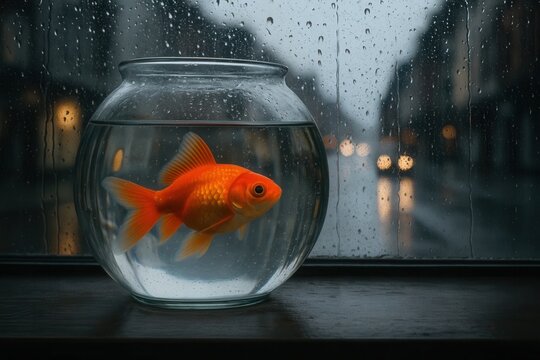 A goldfish in a glass bowl on a window sill