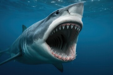 Obraz premium A great white shark with its mouth open in the ocean