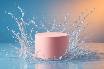 Pink cylinder in a water splash against a blue and orange gradient background