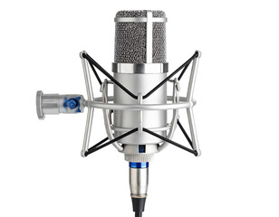 Close up shot of a studio microphone with a shock mount on black background isolated on transparent background