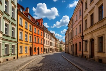Naklejka premium A cobblestone street lined with colorful buildings under a blue sky
