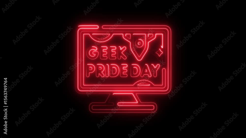 Poster glowing red neon geek pride day computer screen animation loop celebrating geek culture and