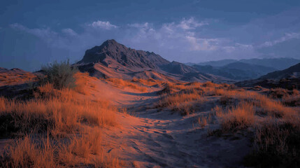 Expansive Desert Scene with Warm Sand and Sparse Vegetation
