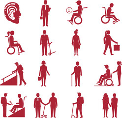 Diverse Disability and Accessibility Vector Icons: A Comprehensive Set Featuring Individuals with Mobility Challenges, Hearing Impairments, and Various Assistive Devices, Promoting Inclusivity.