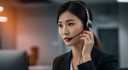 Focused Businesswoman in Headset Soft Lighting Office Setting