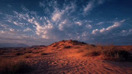 Arid Terrain with Golden Light and Mountain Horizon