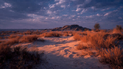 Sunset Over a Desert Landscape with Dry Grass and Distant Mountains