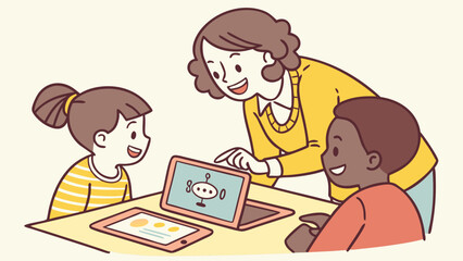 Teacher and diverse kids learning STEM with laptop and tablet. Early technology education, coding, and robotics for young students.