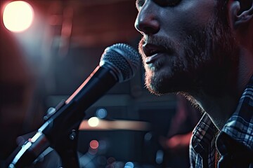 High Quality Image of Medium Shot Man Singing in Front of Camera