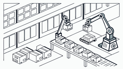 Robotic Arms and Conveyor System in Automated Factory Production Line. Industrial Automation Line Art.