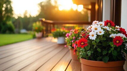 Fototapeta premium Bright flowers bloom on a warm evening at a tranquil home garden deck with sunlight casting golden hues