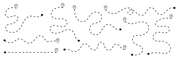 set of Route location icon two pin sign and dotted line. map path distance icon, pinpoint, map search, route, Route icon, two points with dotted path and location pin