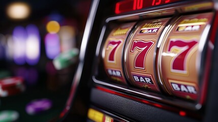 Slot machine spins in a vibrant casino during the evening hours