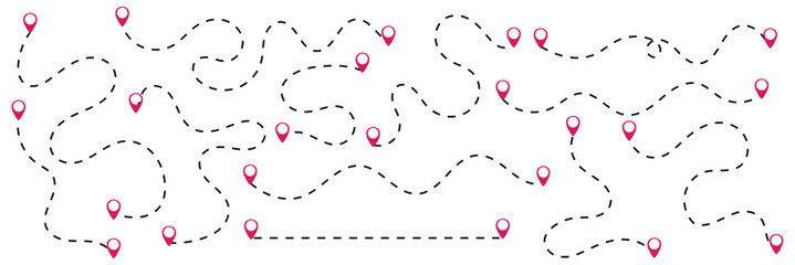set of Route location icon two pin sign and dotted line. map path distance icon, pinpoint, map search, route, Route icon, two points with dotted path and location pin