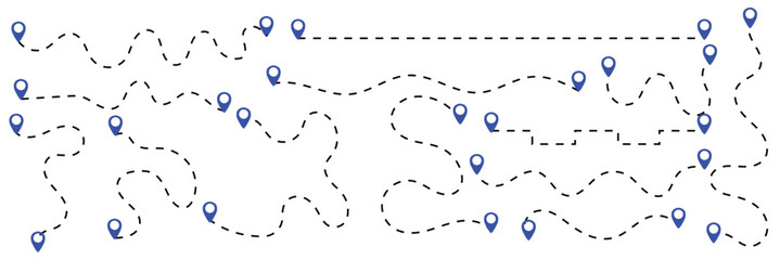 set of Route location icon two pin sign and dotted line. map path distance icon, pinpoint, map search, route, Route icon, two points with dotted path and location pin