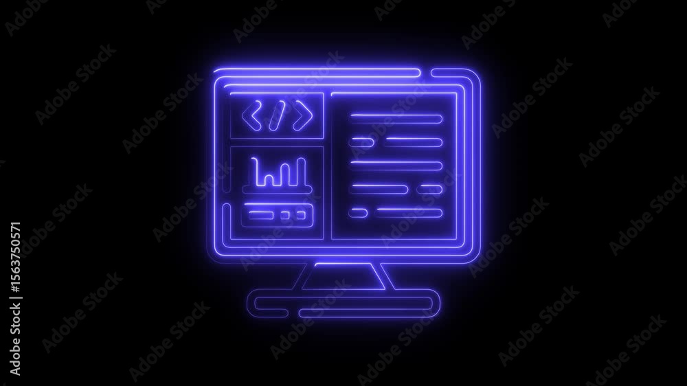 Aufkleber Illuminated Neon Computer Screen Icon Coding and Data Analysis on Black Background Digital