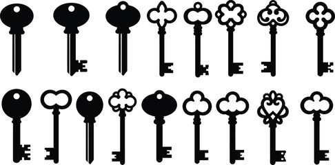 Extensive Ornamental Skeleton Key Vector Silhouettes Set: Black Icons Featuring Various Antique and Vintage Designs with Ornate Bows for Security, Mystery, Access, and Decorative Graphics.