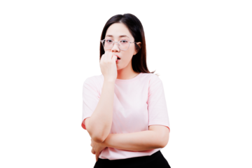 Asian young beautiful woman with long dark hair and glasses wears a pink t-shirt, posing thoughtfully with her hand near her mouth.