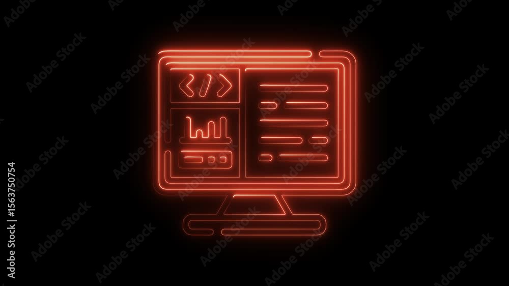 Aufkleber neon computer screen animation coding interface glowing red on black background digital