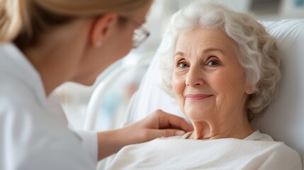 Fototapeta premium Healthcare professional interacts with elderly patient in hospital setting, showcasing warmth and compassion during care