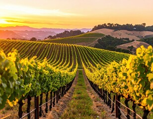 Obraz premium Vineyard Rows At Sunset