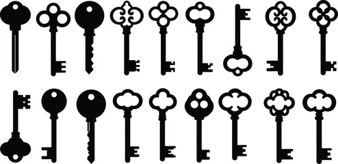 Complete Antique and Ornate Skeleton Key Vector Silhouettes: Large Black Icon Collection Featuring Diverse Vintage Designs for Security, Access, Mystery, and Historical Graphics.