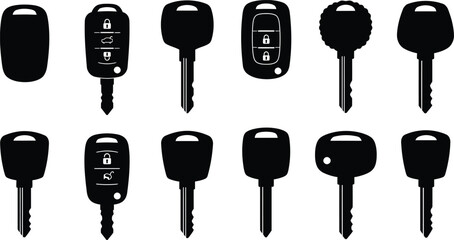 Modern & Traditional Car Key Fob Silhouettes - Automotive Ignition, Remote Entry & Vehicle Security Icons.