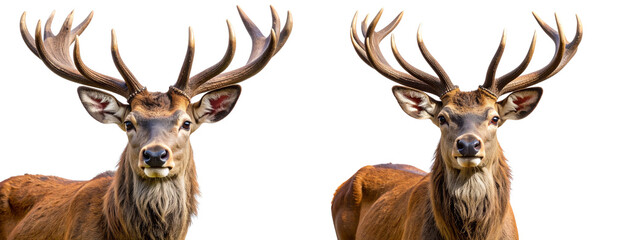  Majestic Brown Deer Head Front View with Large Antlers, isolated on transparent background PNG