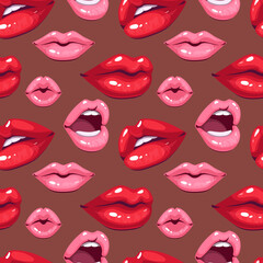 Seamless pattern of red and pink female lips. Trendy, playful design perfect for cosmetics branding, fashion prints, wrapping paper. Stylish, bold, and feminine background.