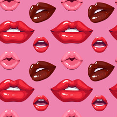 Seamless pattern of red and pink female lips. Trendy, playful design perfect for cosmetics branding, fashion prints, wrapping paper. Stylish, bold, and feminine background.