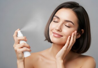 Woman spraying facial mist for skincare hydration and refreshing routine