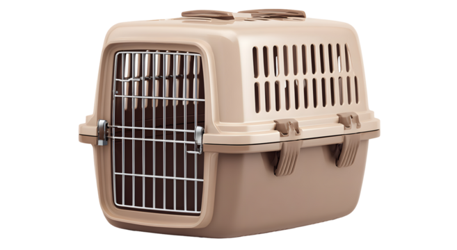 Beige plastic pet carrier with metal bars.