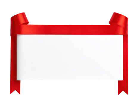 White blank sign with red ribbon border and bow on a black background isolated on transparent background