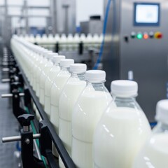 Obraz premium Milk production line bottles conveyor belt dairy factory processing plant
