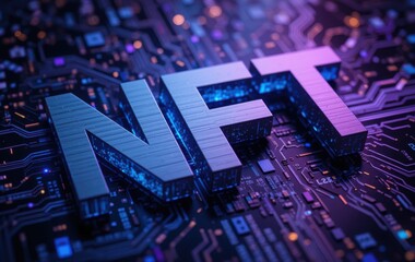 Digital Revolution: NFT Letters on Complex Electronic Circuitry Background