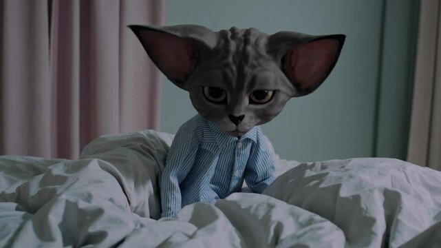 Chat aux grandes oreilles en pyjama dans un lit