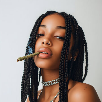 African American female smoking a marijuana weed spliff isolated on a white background 