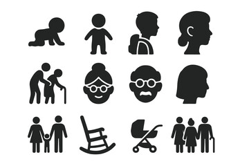 Black icons on white background for all ages. Minimal vector set for intergenerational design.