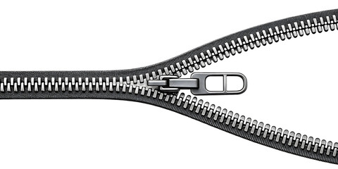 Zipper pull metal close up macro detail sewing accessory design on transparent background