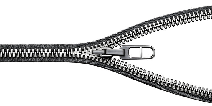 Zipper pull metal close up macro detail sewing accessory design on transparent background