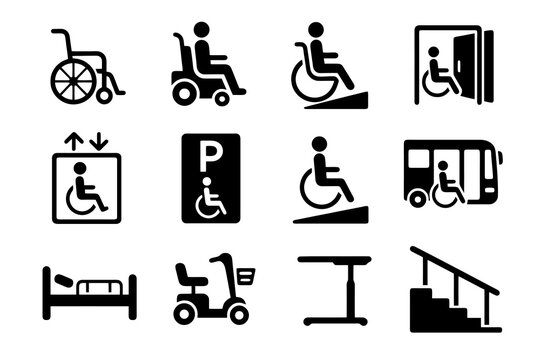 Black icons on white background for reduced mobility. Minimal vector for accessible design.