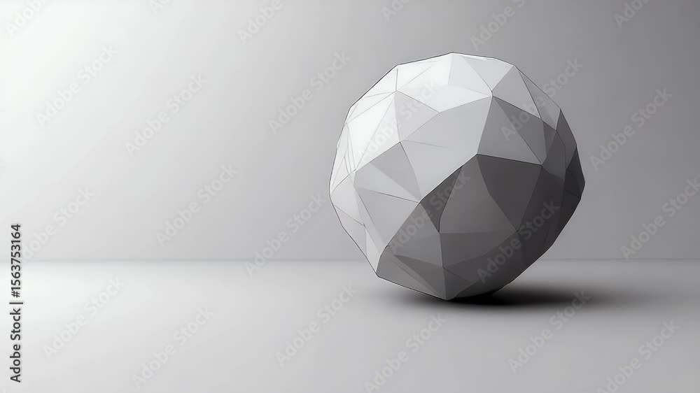 Poster a geometric polygonal sphere in grayscale against a minimalist white backdrop with soft lighting emp