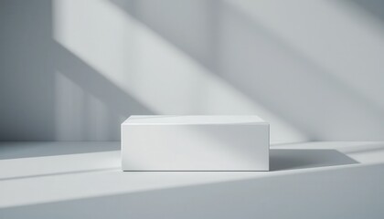 Minimalist white cube presentation podium with natural light overlay effect